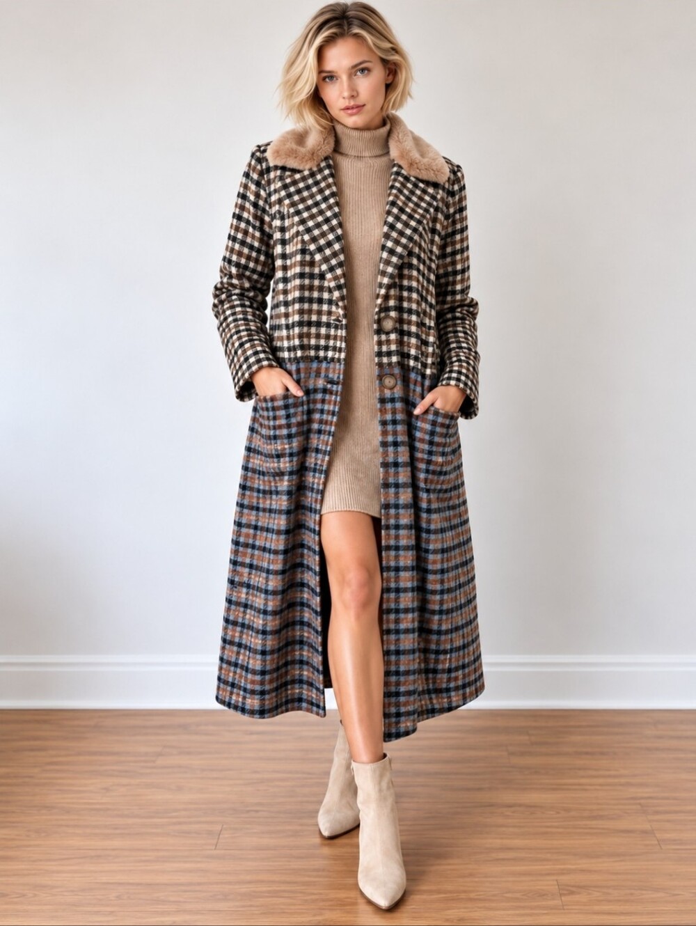 Mystree Three-Tone Plaid Faux-Fur Collar Long Statement Coat Oversized NWOT